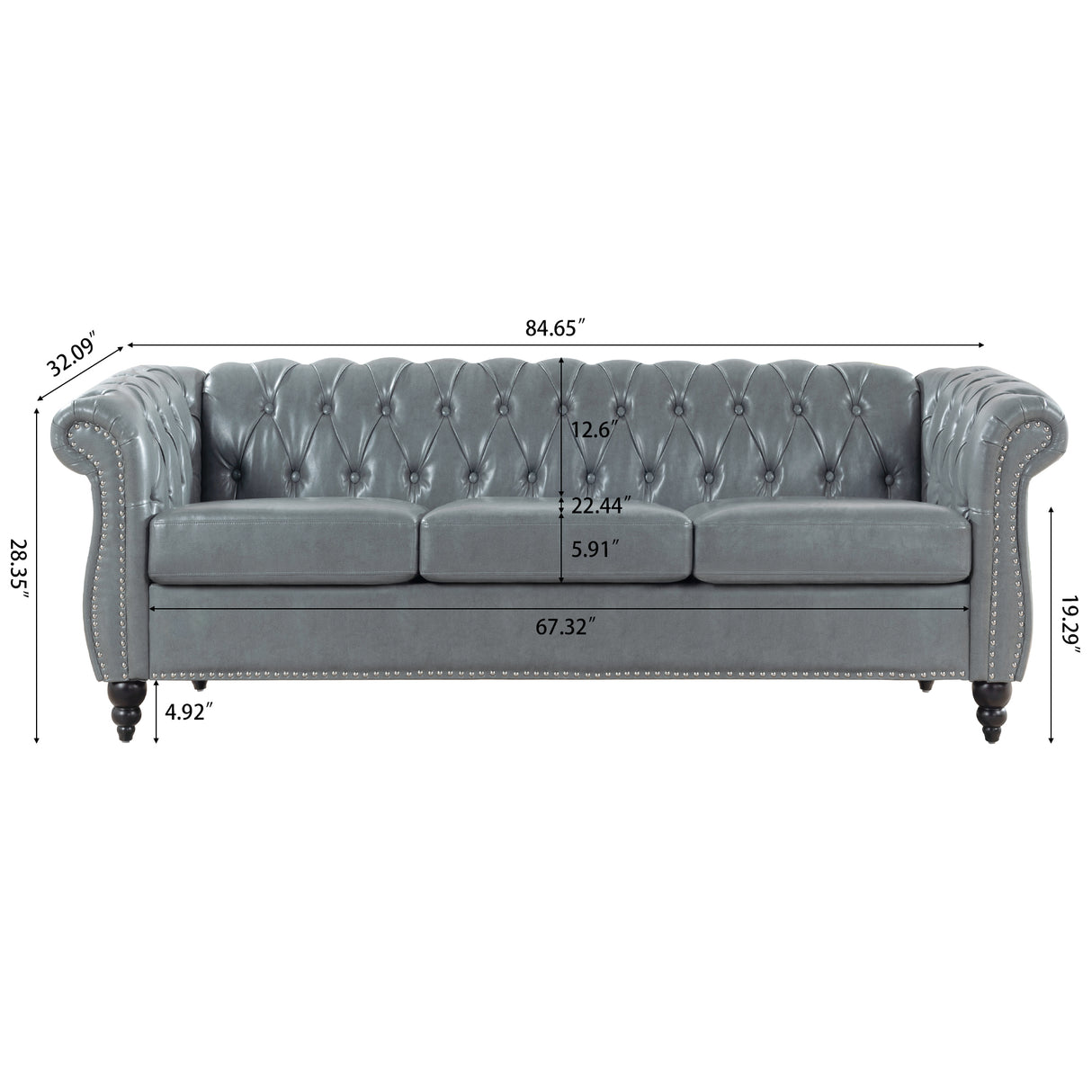 84.65" Rolled Arm Chesterfield 3 Seater Sofa. - W68061169 - image - 11