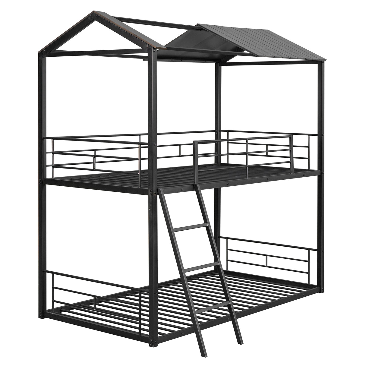 Twin Over Twin Bunk Bed Metal Bed with Half Roof, Guardrail and Ladder Black - Home Elegance USA