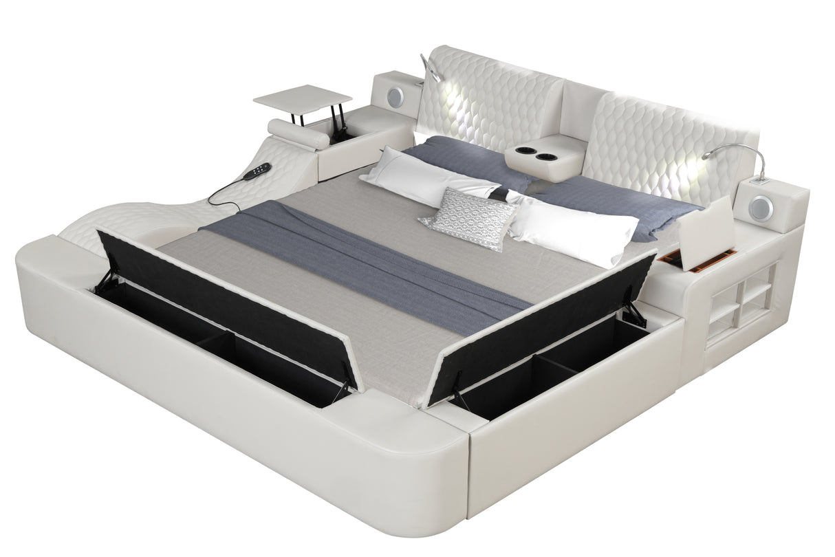 Zoya Smart Multifunctional Queen Size Bed Made with Wood in White - Home Elegance USA