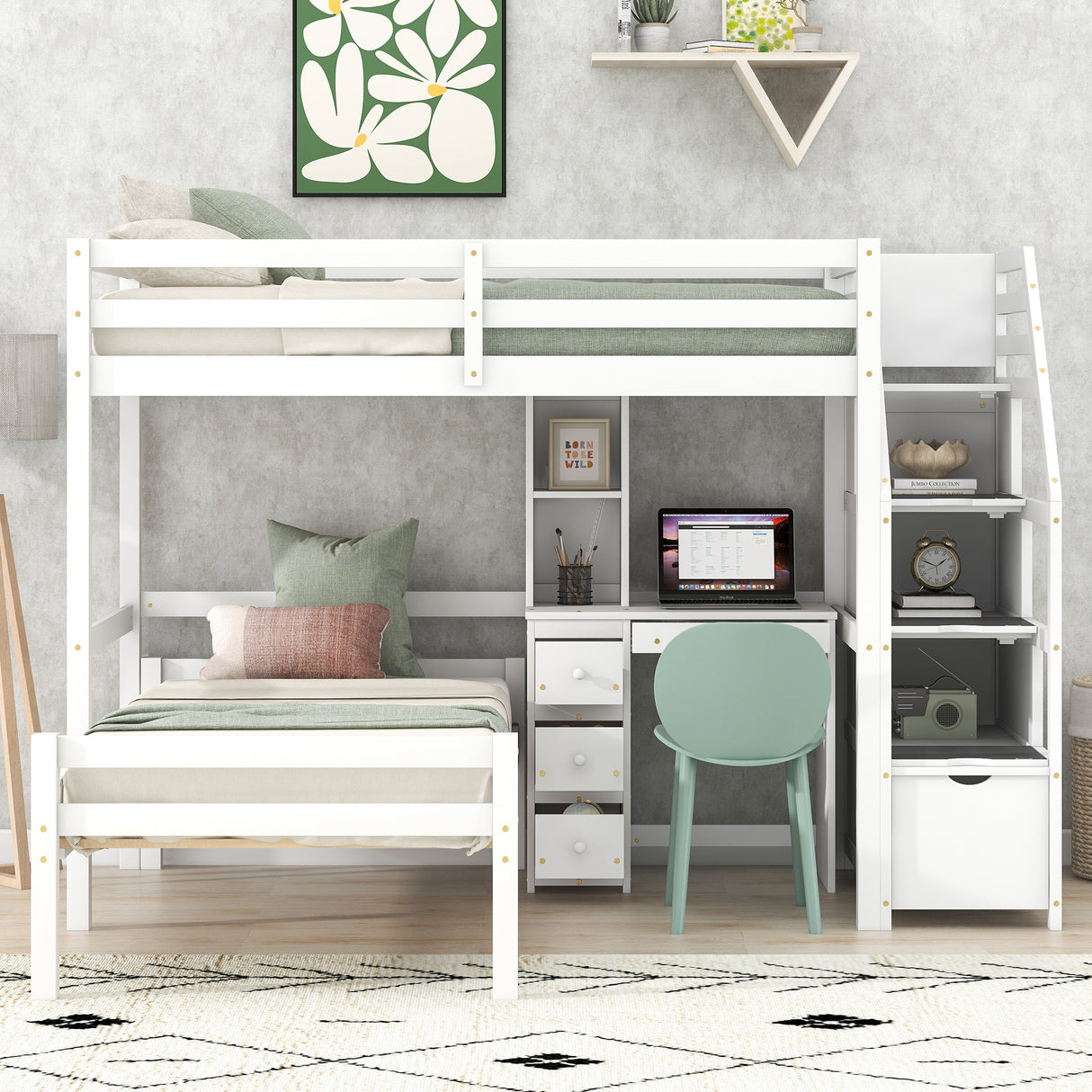 Twin Size Loft Bed with a Stand-alone Bed, Storage Staircase, Desk, Shelves and Drawers, White - Home Elegance USA