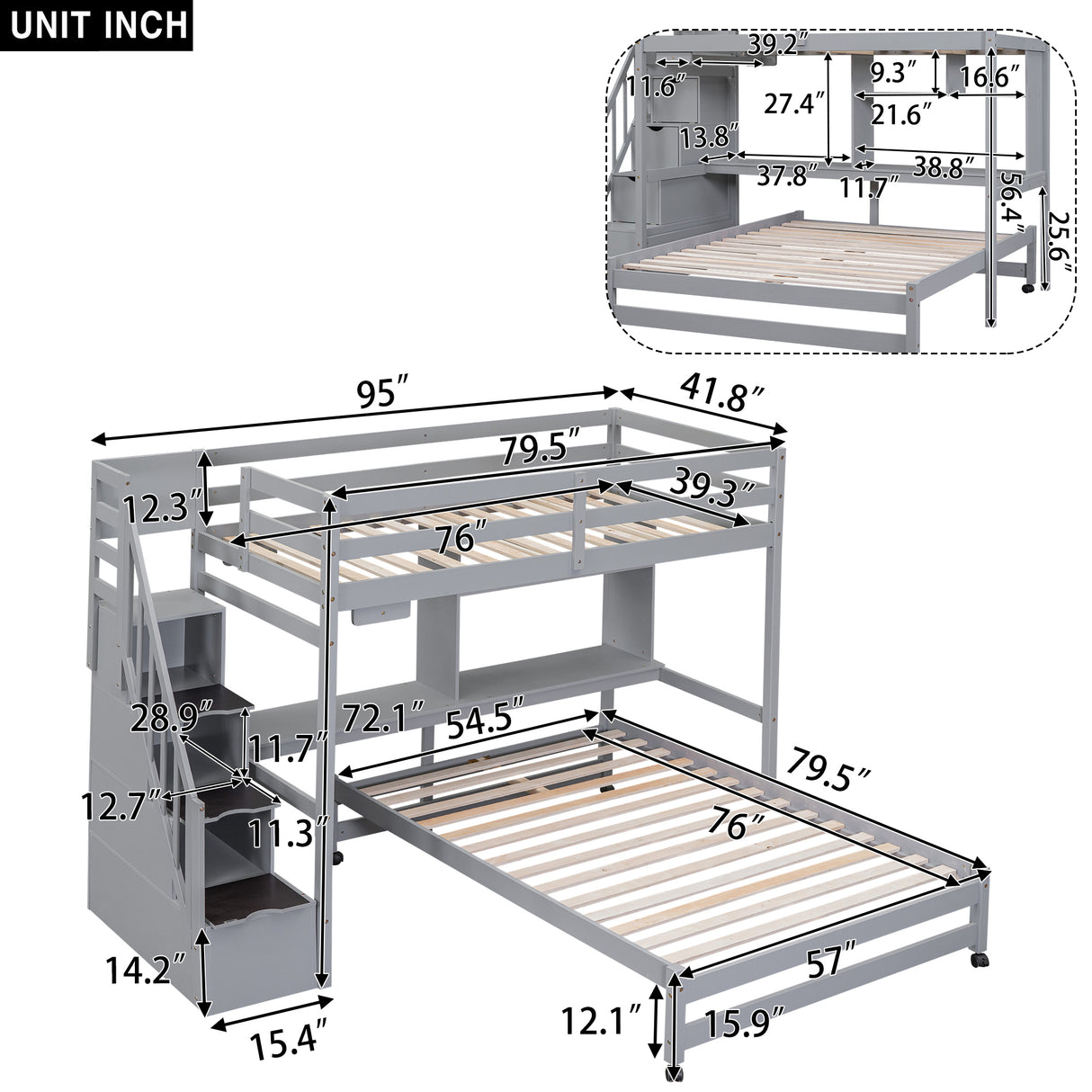 Twin over Full Bunk Bed with Storage Staircase, Desk, Shelves and Hanger for Clothes, Gray - Home Elegance USA