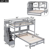 Twin over Full Bunk Bed with Storage Staircase, Desk, Shelves and Hanger for Clothes, Gray - Home Elegance USA