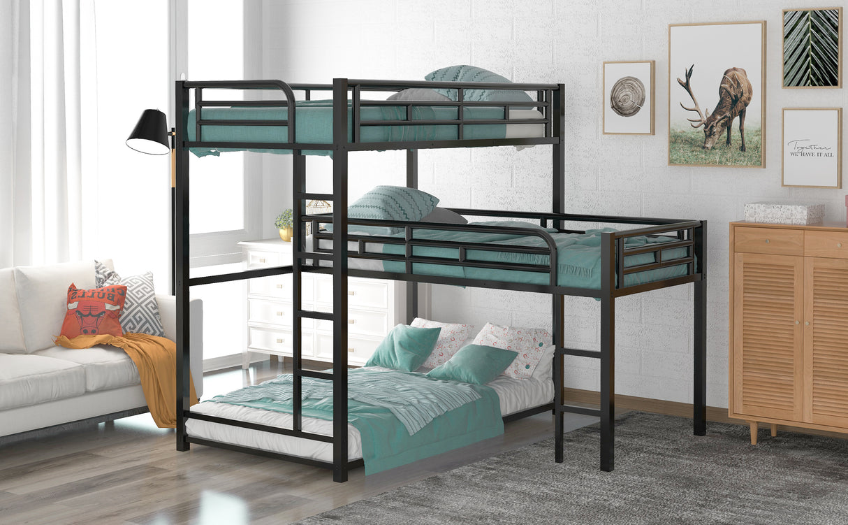 L-shaped Metal Triple Twin Size Bunk Bed, Black(OLD SKU:SM000605AAB) - Home Elegance USA