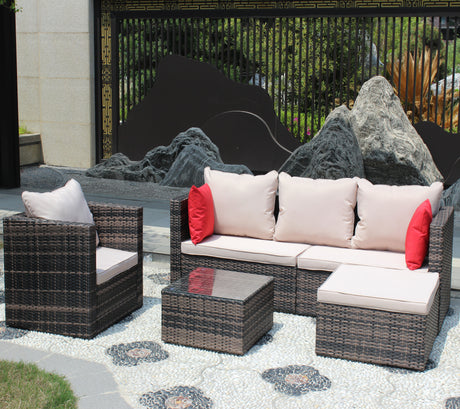 Rattan Patio Furniture Set Wicker Sofa Cushioned Sectional Furniture Set Garden Patio Sofa Set (4 Pieces, Brown)