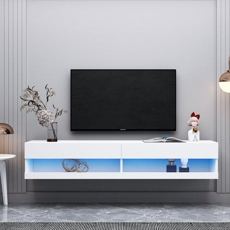 180 Wall Mounted Floating 80" TV Stand with 20 Color LEDs White Home Elegance USA