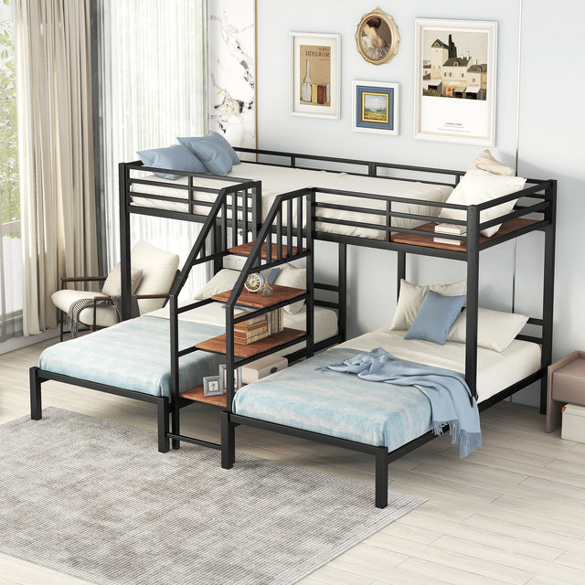 Metal Twin over Twin & Twin Bunk Bed, Triple Bunk Bed with Storage Shelves Staircase, Black - Home Elegance USA