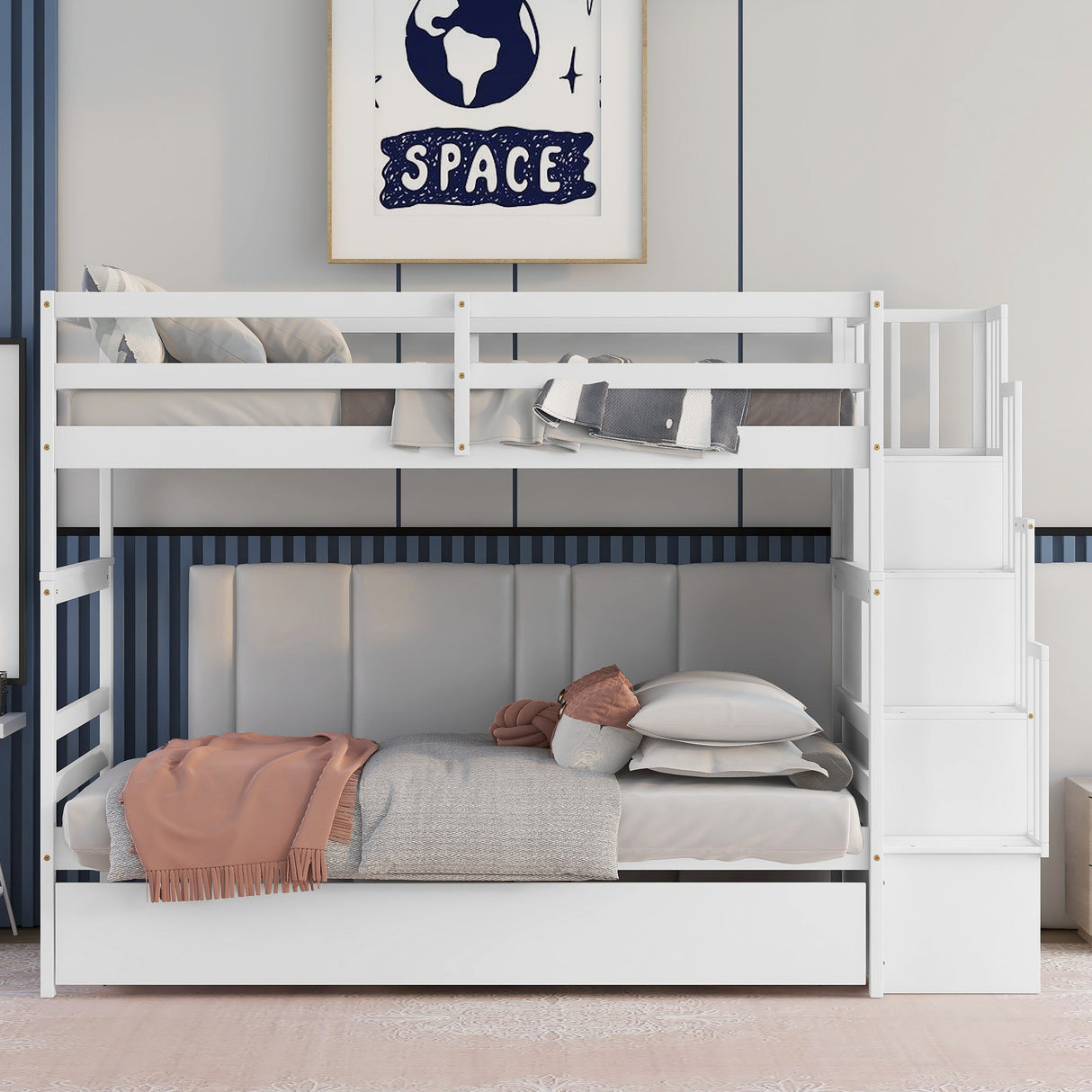 Bunk Beds Twin over Twin Stairway Storage function White color - Home Elegance USA