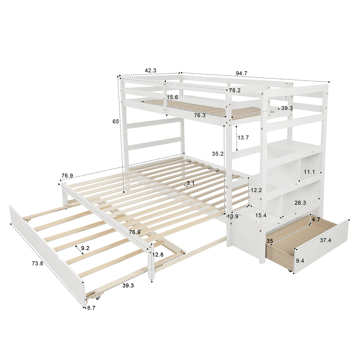 Twin over Twin/King (Irregular King Size) Bunk Bed with Twin Size Trundle, Extendable Bunk Bed   (White)(OLD SKU :LP000032AAK) - Home Elegance USA