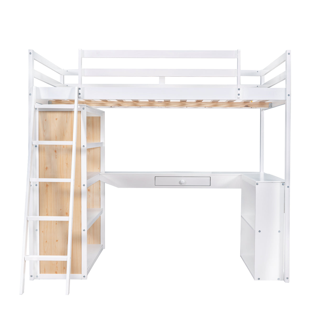 Full Size Loft Bed with Ladder, Shelves, and Desk, White - Home Elegance USA