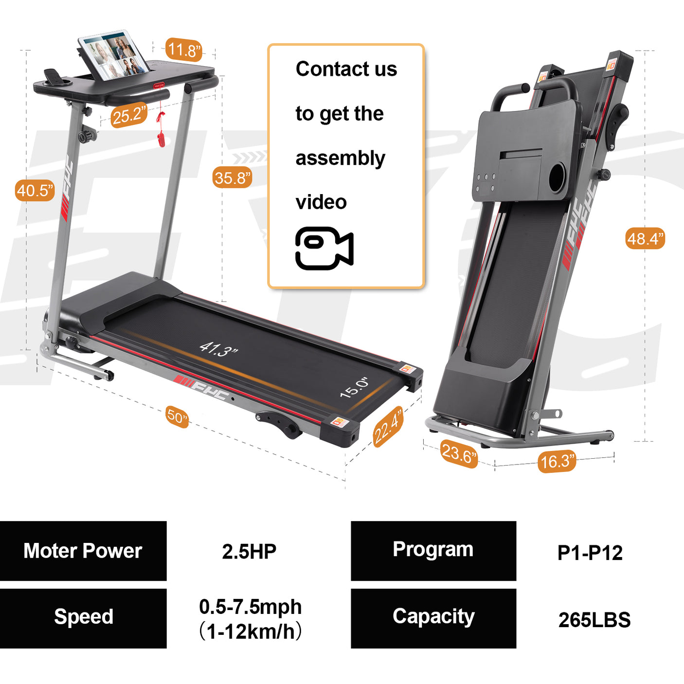 FYC Folding Treadmill for Home with Desk - 2.5HP Compact Electric Treadmill for Running and Walking Foldable Portable Running Machine for Small Spaces Workout, 265LBS Weight Capacity