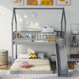 Twin over Full House Bunk Bed with Slide and Built-in Ladder, Full-Length Guardrail, Gray (Expected Arrival Time:8.10) - Home Elegance USA