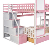 Full-Over-Full Castle Style Bunk Bed with 2 Drawers 3 Shelves and Slide - Pink