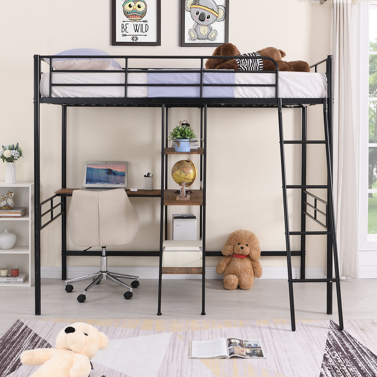 Twin Size Metal Loft Bed and Built-in Desk and Shelves,Black(OLD DKU:WF280270AAB) - Home Elegance USA