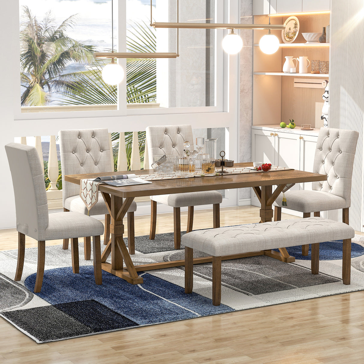 TREXM 6-Piece Farmhouse Dining Table Set 72" Wood Rectangular Table, 4 Upholstered Chairs with Bench (Walnut) - Home Elegance USA