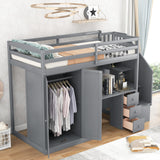 Twin Size Loft Bed with Wardrobe and Staircase, Desk and Storage Drawers and Cabinet in 1,Gray - Home Elegance USA