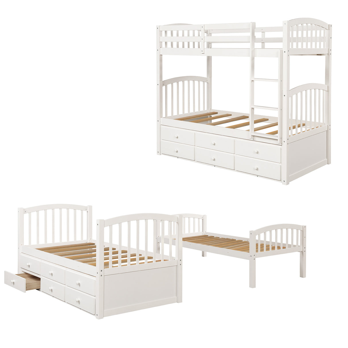 Twin Bunk Bed with Ladder, Safety Rail, Twin Trundle Bed with 3 Drawers for Teens Bedroom, Guest Room Furniture(White)(OLD SKU :LP000071AAK） - Home Elegance USA