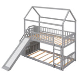 Twin Over Twin Bunk Bed with Drawers and Slide, House Bed with Slide,Gray(OLD SKU :LT000215AAE) - Home Elegance USA