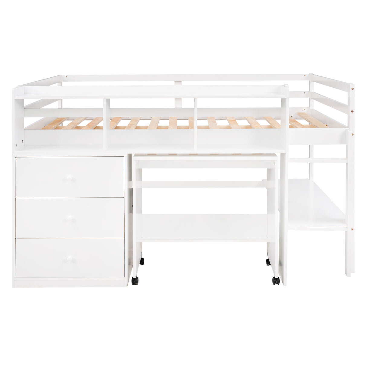 Full Size Low Loft Bed with Rolling Portable Desk, Drawers and Shelves,  White - Home Elegance USA