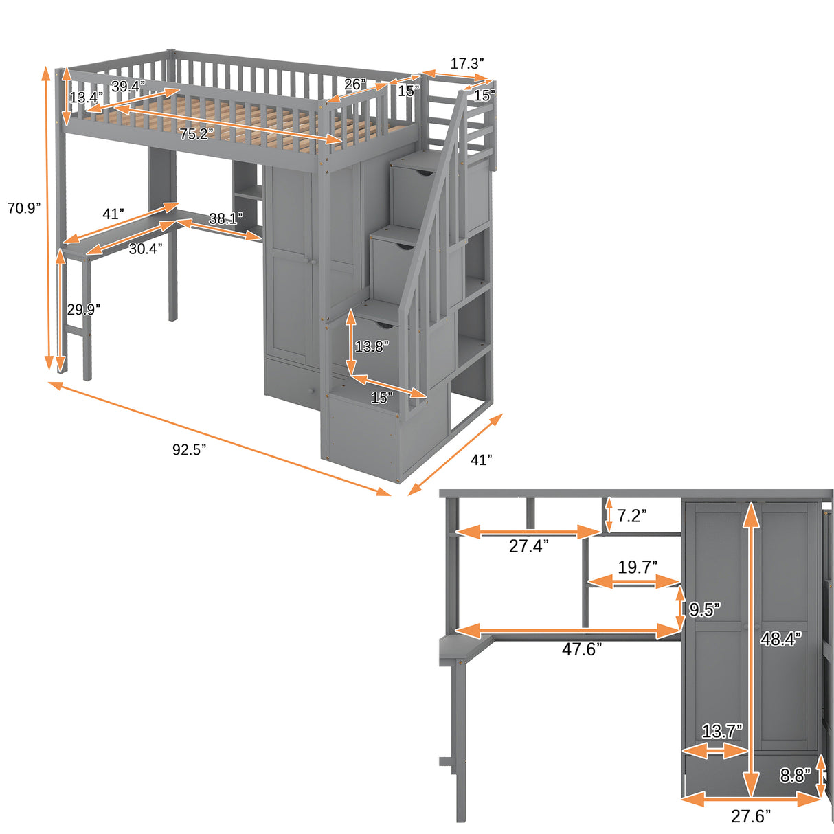 Twin size Loft Bed with Bookshelf,Drawers,Desk,and Wardrobe-Gray - Home Elegance USA