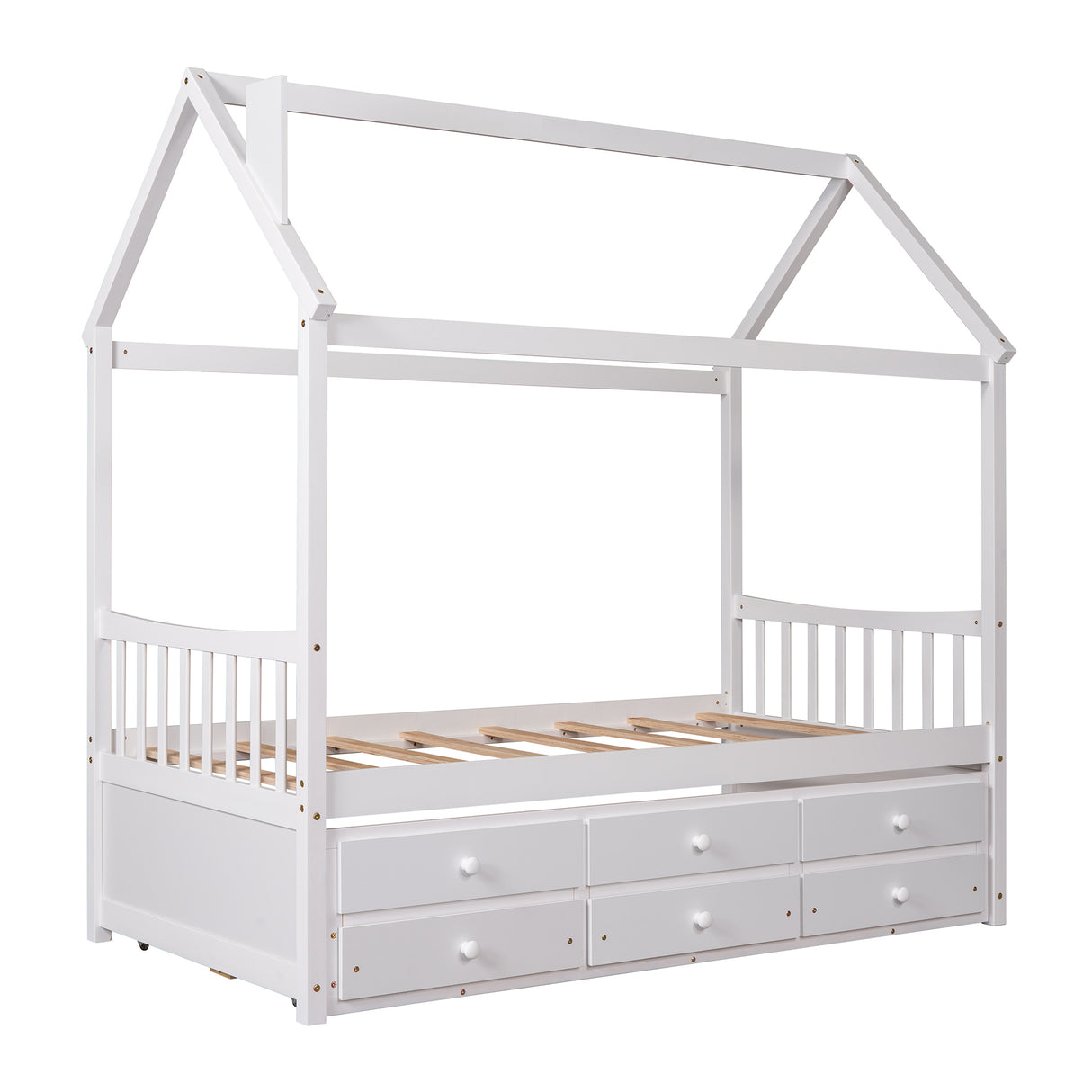 Twin size Wooden House Bed with Trundle and 3 Storage Drawers-White - Home Elegance USA