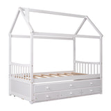 Twin size Wooden House Bed with Trundle and 3 Storage Drawers-White - Home Elegance USA