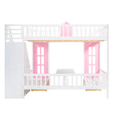 Full-Over-Full Bunk Bed with Changeable Table , Bunk Bed Turn into Upper Bed and Down Desk - Pink - Home Elegance USA