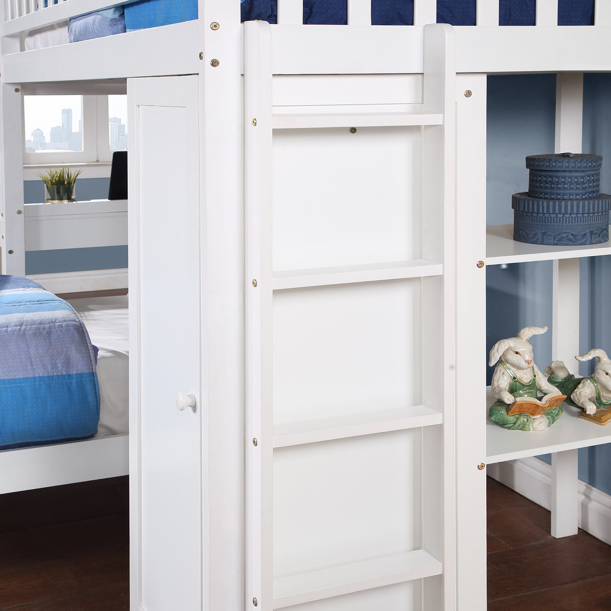 Twin Size Loft Bed with Closet and Desk, Extra Bottom Twin Bed, White - Home Elegance USA