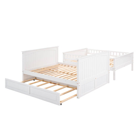 Full Over Full Bunk Bed with Twin Size Trundle, Pine Wood Bunk Bed with Guardrails, White （Old SKU:LP000044AAK）