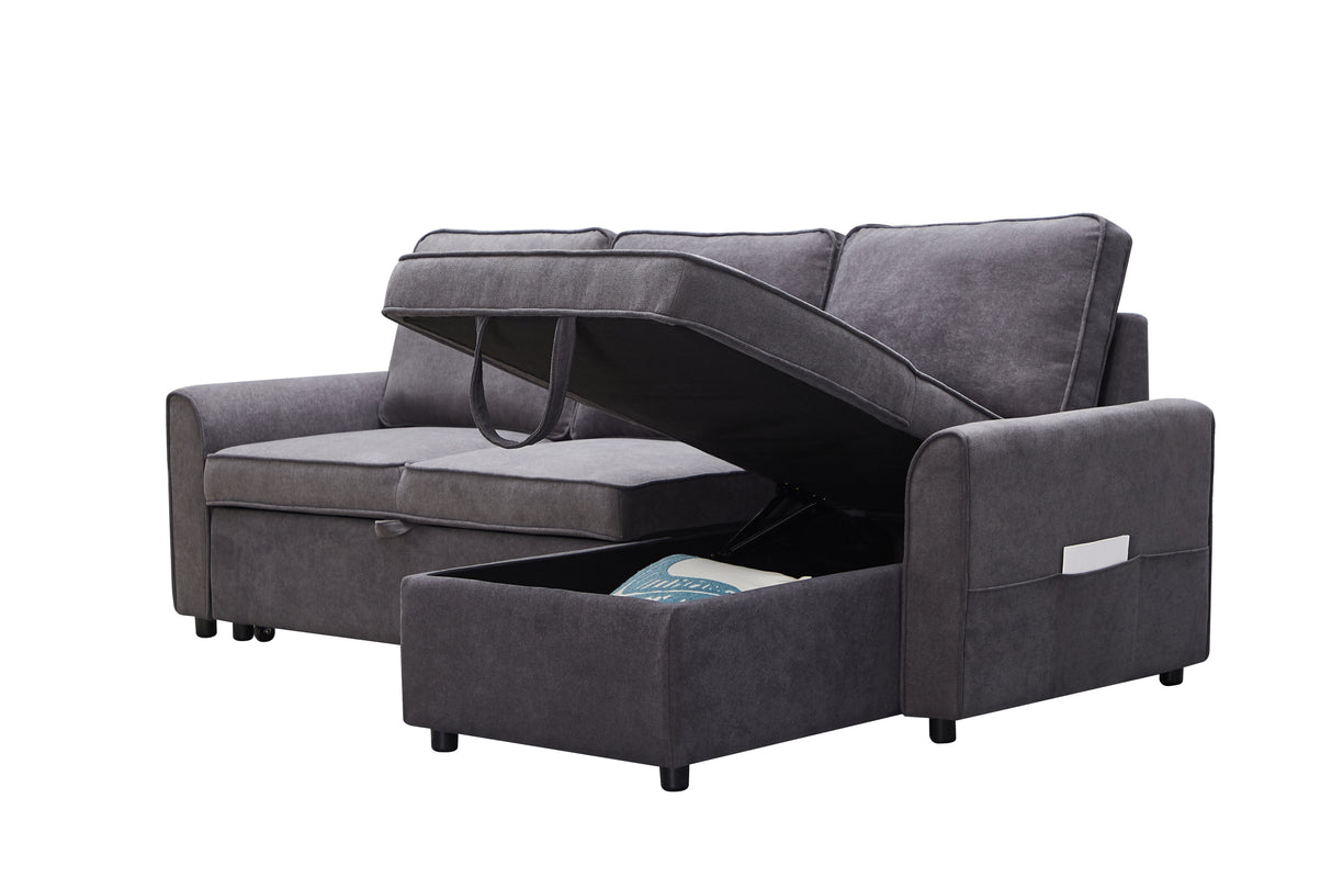 MGEA Modern modular L-shaped sofa bed with chaise longue, reversible sofa bed with pull-out bed and storage, 4-seat linen fabric convertible sofa for living room dark grey