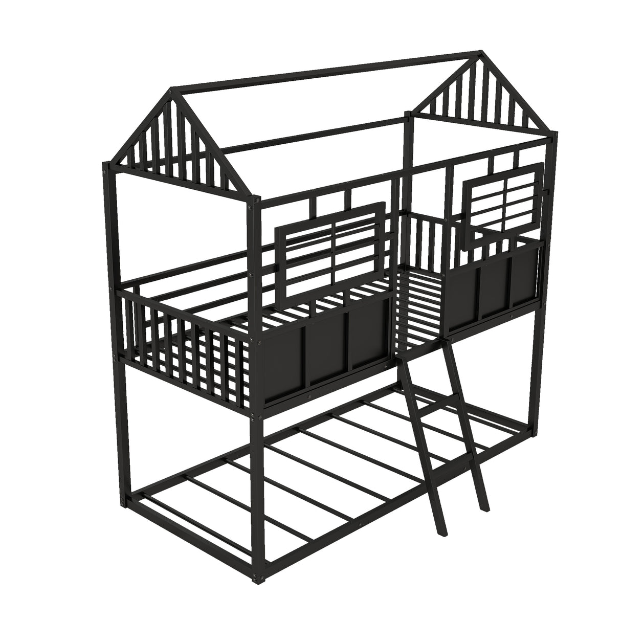 Twin over Twin Size Metal Low Bunk Beds with Roof and Fence-shaped Guardrail, Black - Home Elegance USA