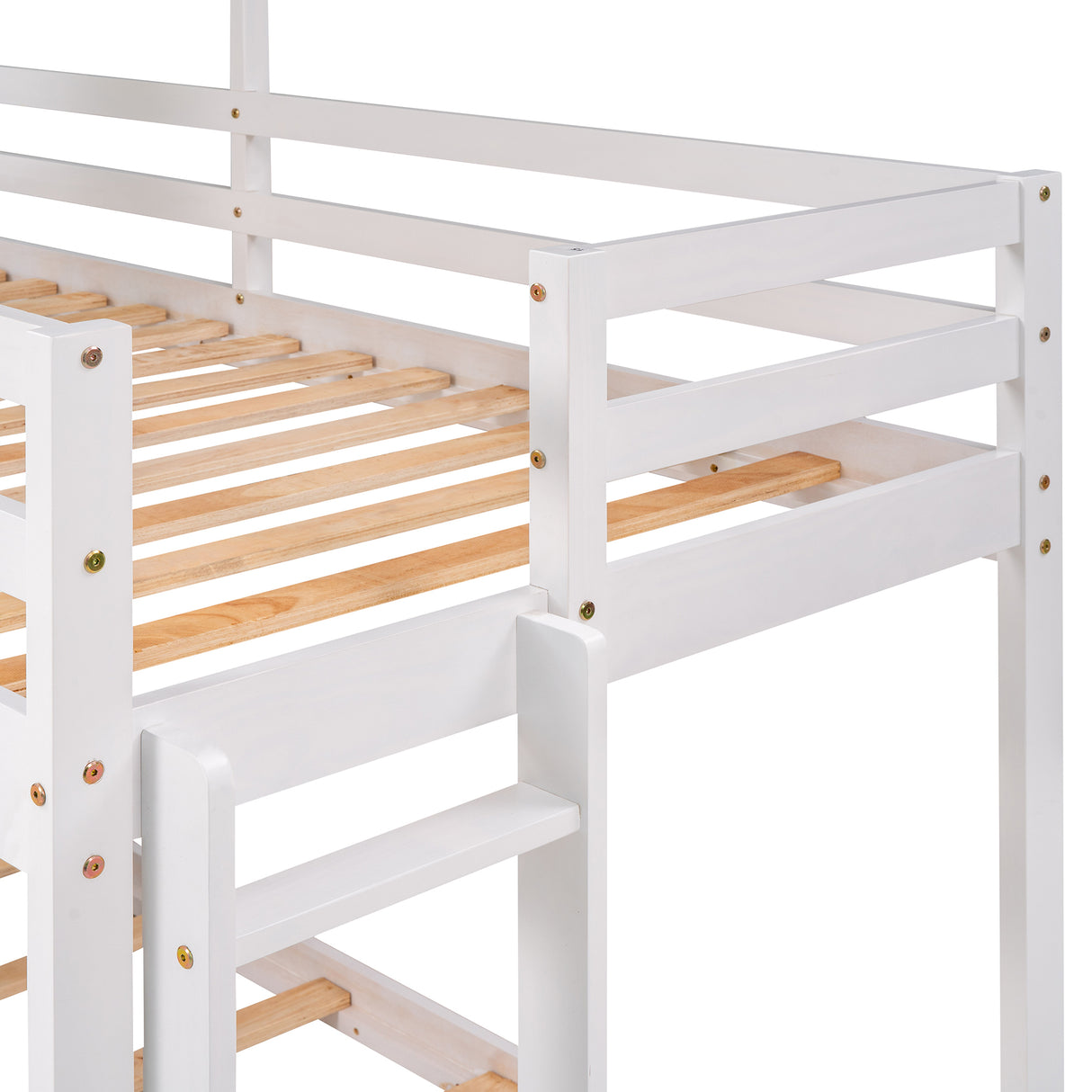 Twin Over Twin Bunk Bed Wood Bed with Roof, Window, Guardrail, Ladder (White)(OLD SKU :LP000056AAK) - Home Elegance USA