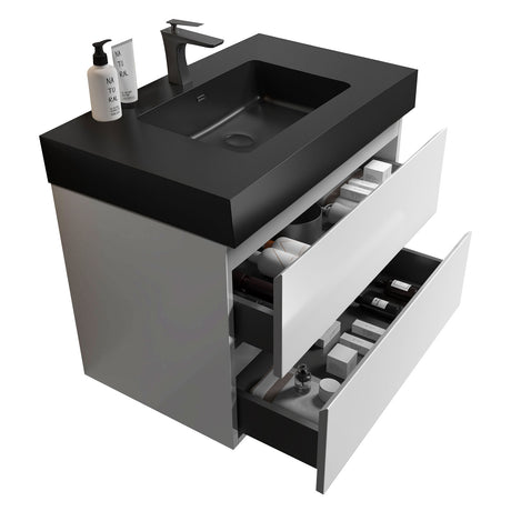 Alice 36" White Bathroom Vanity with Sink, Large Storage Wall Mounted Floating Bathroom Vanity for Modern Bathroom, One - Piece Black Sink Basin without Drain and Faucet | Home Elegance USA
