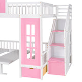 Full-Over-Full Bunk Bed with Changeable Table , Bunk Bed Turn into Upper Bed and Down Desk - Pink - Home Elegance USA