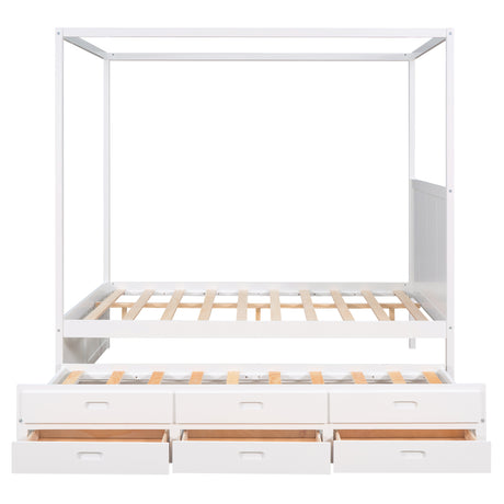 Queen Size Canopy Platform Bed with Twin Size Trundle and Three Storage Drawers,White - Home Elegance USA