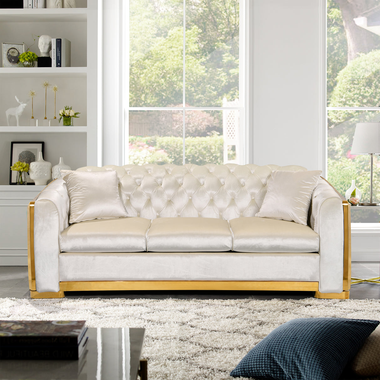 Velvet Luxury Chesterfield Sofa Set, 84 Inches Tufted 3 Seat Couch with Gold Stainless for Living Room, Beige Fabric - Home Elegance USA