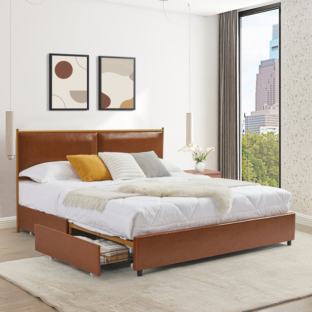 Coffee King size bed, Classic steamed bread shaped backrest, metal frame, solid wood ribs, with four storage drawers, sponge soft bag, comfortable and elegant atmosphere. - Home Elegance USA
