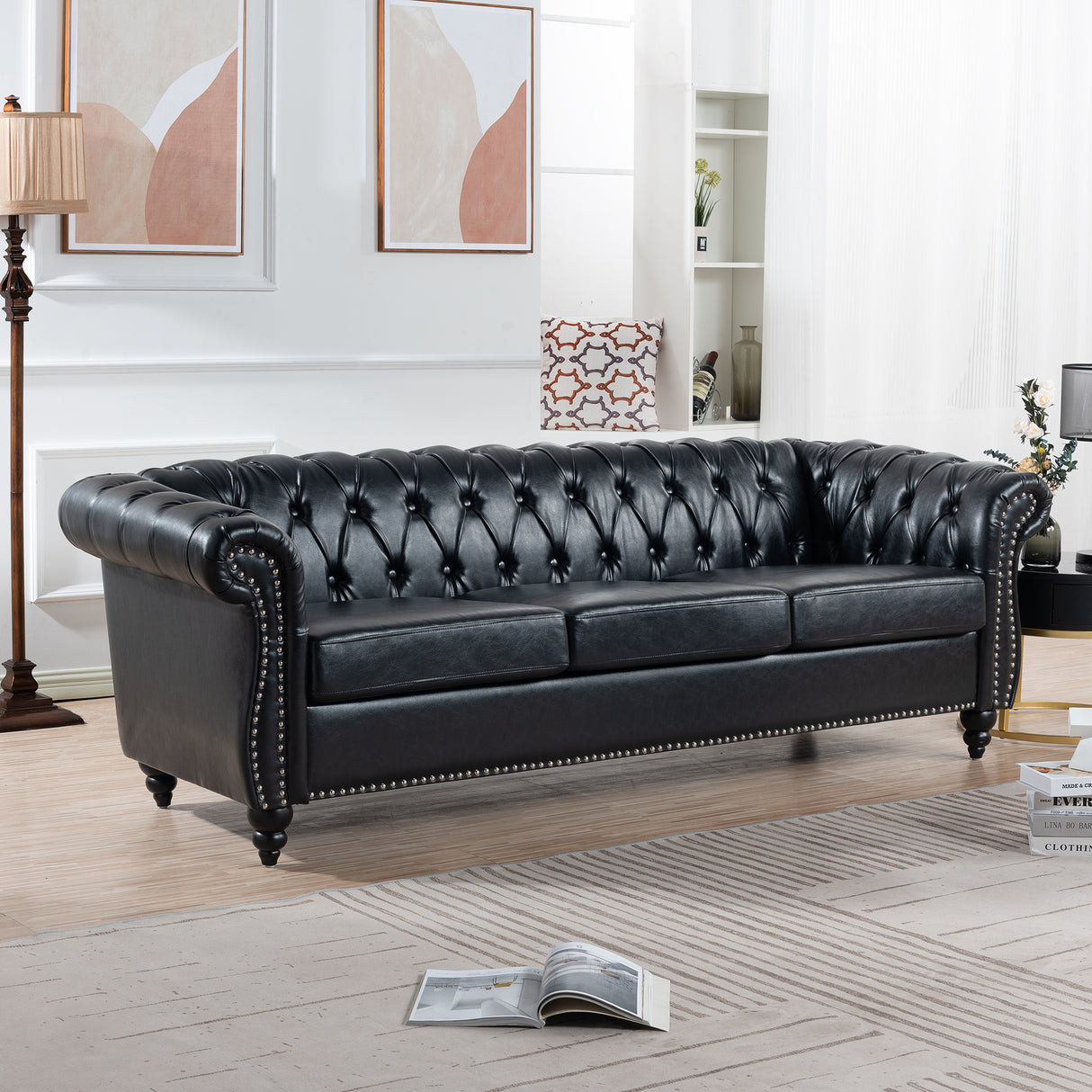 84.65" BLACK PU Rolled Arm Chesterfield Three Seater Sofa. | Home Elegance USA