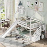 Twin over Twin House Bunk Bed with Convertible Slide,Storage Staircase,White - Home Elegance USA