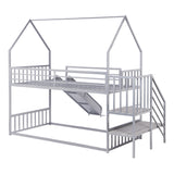 Twin over Twin Metal Bunk Bed House Bed with Slide and Staircase, Silver - Home Elegance USA