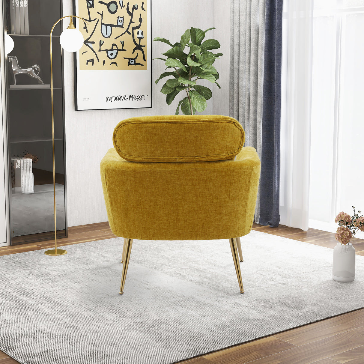 29.5"W Modern Chenille Accent Chair Armchair Upholstered Reading Chair Single Sofa Leisure Club Chair with Gold Metal Leg and Throw Pillow for Living Room Bedroom Dorm Room Office, Mustard Chenille - Home Elegance USA