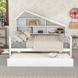 Full Size Platform Bed with Trundle and Shelves, White - Home Elegance USA