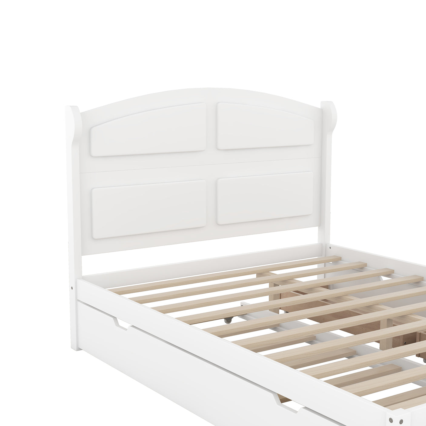 Wood Queen Size Platform Bed with Twin Size Trundle and 2 Drawers, White(Expected Arrival Time: 9.2)