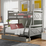 Twin over Full Bunk Bed with Ladder, Two Storage Drawers, Safety Guardrail, Gray - Home Elegance USA