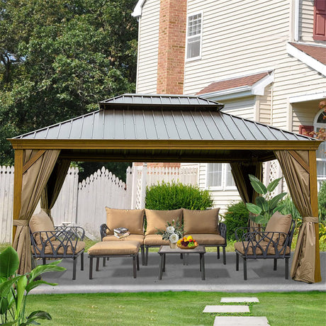 12'x16' Hardtop Gazebo Outdoor Aluminum Wood Grain Gazebos with Galvanized Steel Double Canopy for Patios Deck Backyard,Curtains&Netting (Wood-Looking)