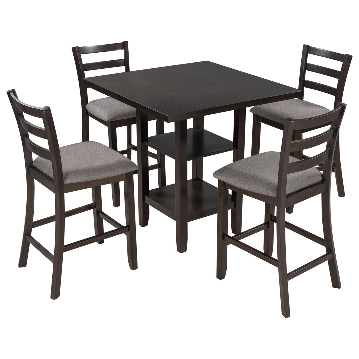 TREXM 5-Piece Wooden Counter Height Dining Set with Padded Chairs and Storage Shelving (Espresso) - Home Elegance USA