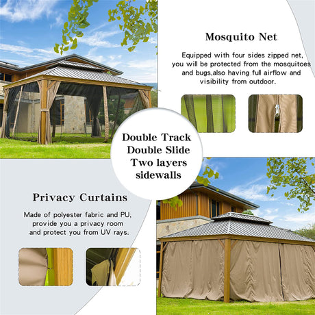 12'x14' Hardtop Gazebo with cedar frame, steel roof, and netting for outdoor use in patios and lawns.