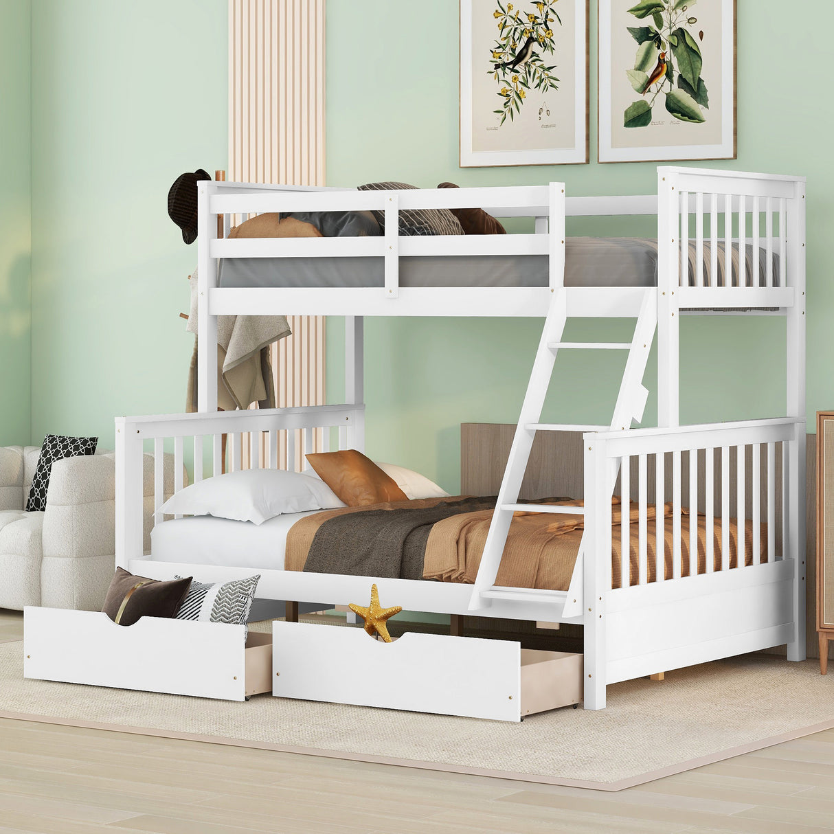 Twin-Over-Full Bunk Bed with Ladders and Two Storage Drawers (White) ( old sku:LT000165AAK） - Home Elegance USA