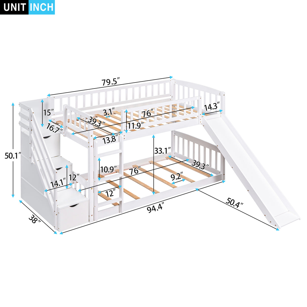 Stairway Twin over Twin Bunk Bed with Two Drawers and Slide, White(OLD SKU :LT000155AAK) - Home Elegance USA