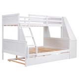 Twin over Full Bunk Bed with Trundle and Built-in Desk, Three Storage Drawers and Shelf,White - Home Elegance USA