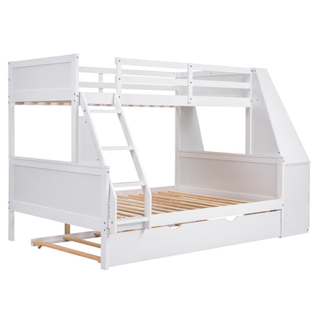 Twin over Full Bunk Bed with Trundle and Built-in Desk, Three Storage Drawers and Shelf,White - Home Elegance USA
